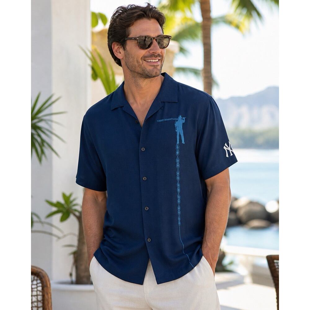 Tommy Bahama Shirt Mens XL Blue Silk Camp Collar Yankees MLB Button Up